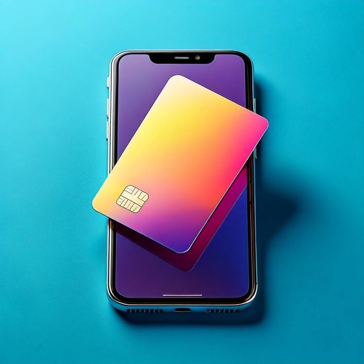 simple; 3d render of simple blank credit card in front of a smartphone; blank; floating; separated; blue flat lay background; cashless payment, e-commerce and internet shopping